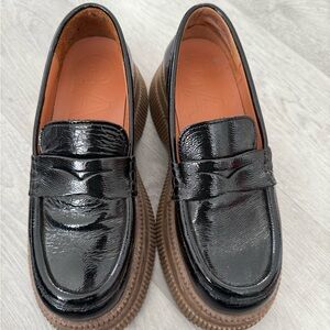 Ganni Black Patent Leather Men's Loafers with Brown Soles